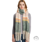 Cozy warm wool scarf in peach, cream, green herringbone with fringe