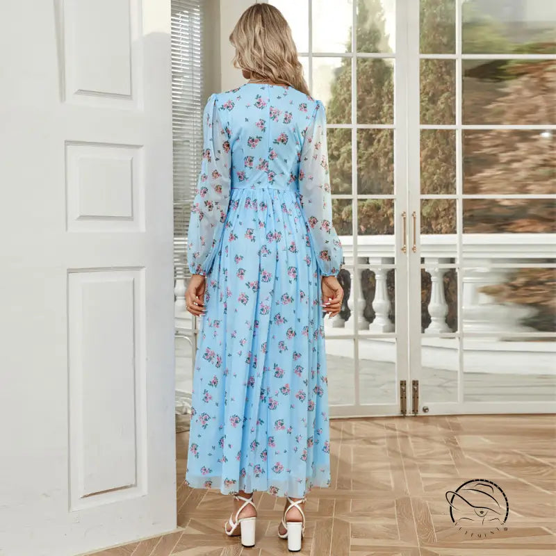 Elegant langry fashion V-neck high-waist light blue floral maxi dress with sheer sleeves