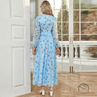 Elegant langry fashion V-neck high-waist light blue floral maxi dress with sheer sleeves