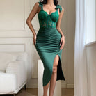Emerald green lace bodice fashion sheath dress with satin skirt and high slit