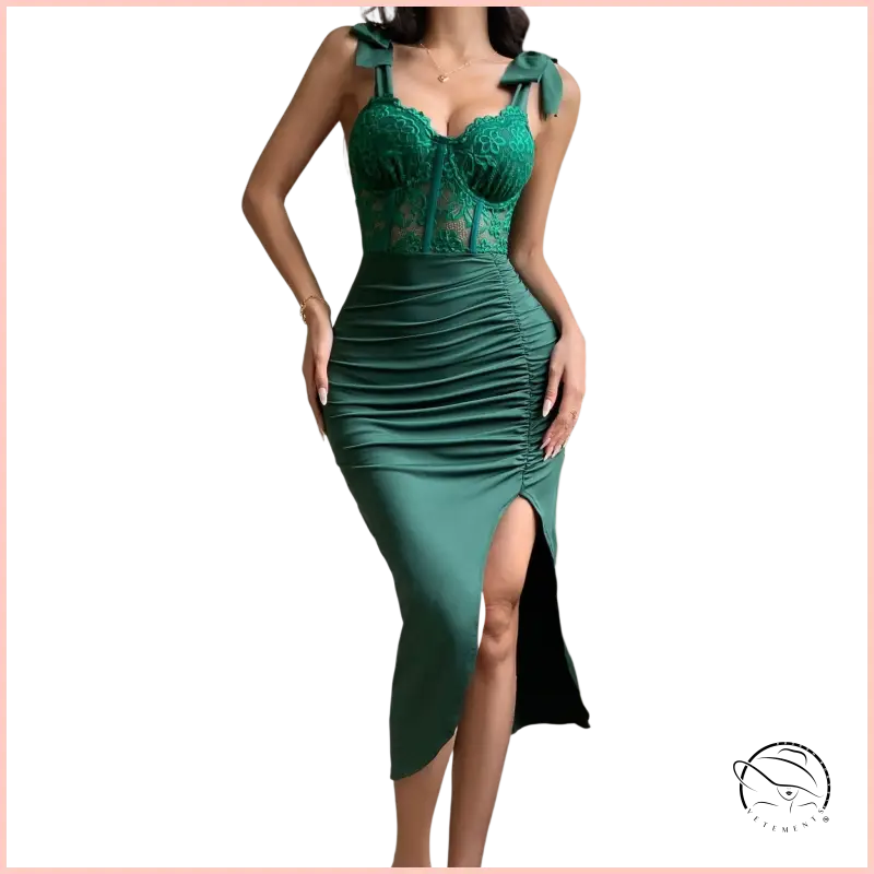 Emerald green langry fashion dress with lace bodice and satin skirt