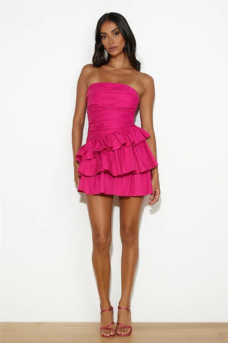 Hot pink strapless mini dress with tiered ruffles for stylish fashion ملابس