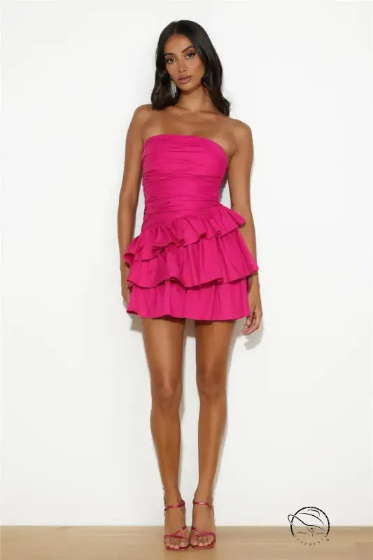 Gorgeous hot pink strapless match slim dress with ruffled waist