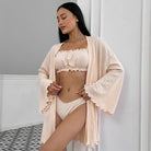 Soft beige ruffled-sleeved Langry fashion robe from knitting shorts nightgown set