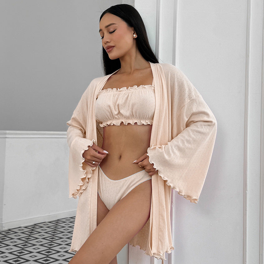 Soft beige ruffled-sleeved Langry fashion robe from knitting shorts nightgown set