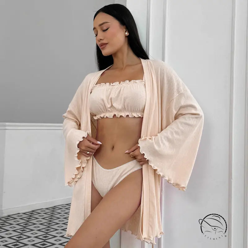 Soft beige ruffled robe from Langry fashion three-piece nightgown set