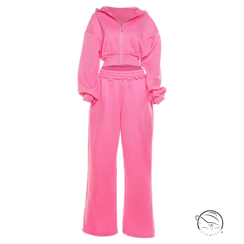 Vibrant pink langry fashion ملابس cropped hoodie tracksuit with wide-leg pants