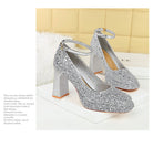 Waterproof Low Cut Square Toe Sequ Ankle Strap Shoes