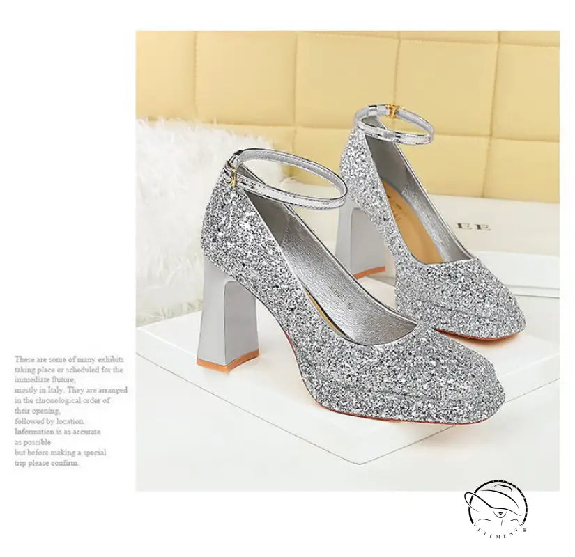 Waterproof Low Cut Square Toe Sequ Ankle Strap Shoes