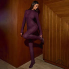 Langry fashion purple ribbed tights with high heels and matching top in winter printed high waist slim fit bodysuit