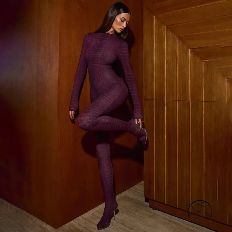 Langry fashion purple ribbed tights with high heels and matching top in winter printed high waist slim fit bodysuit