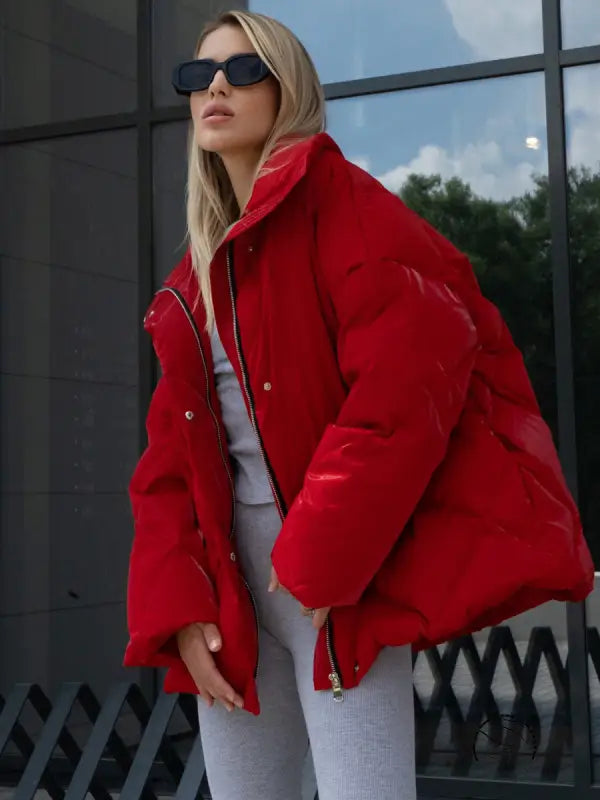 Red langry puffer jacket with oversized quilted fashion design