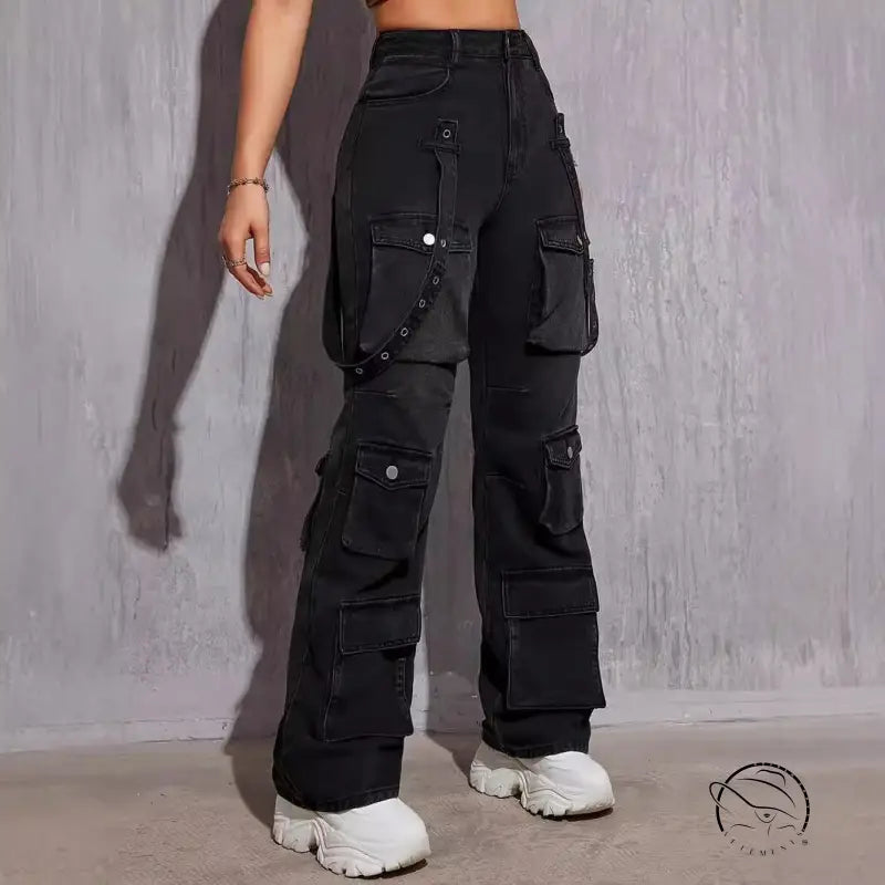 Black high-waisted denim high elastic hip hop cargo pants with straps
