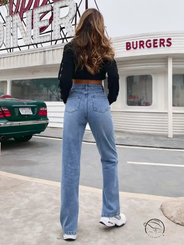 Light blue high-waisted wide-leg denim pants for casual fashion