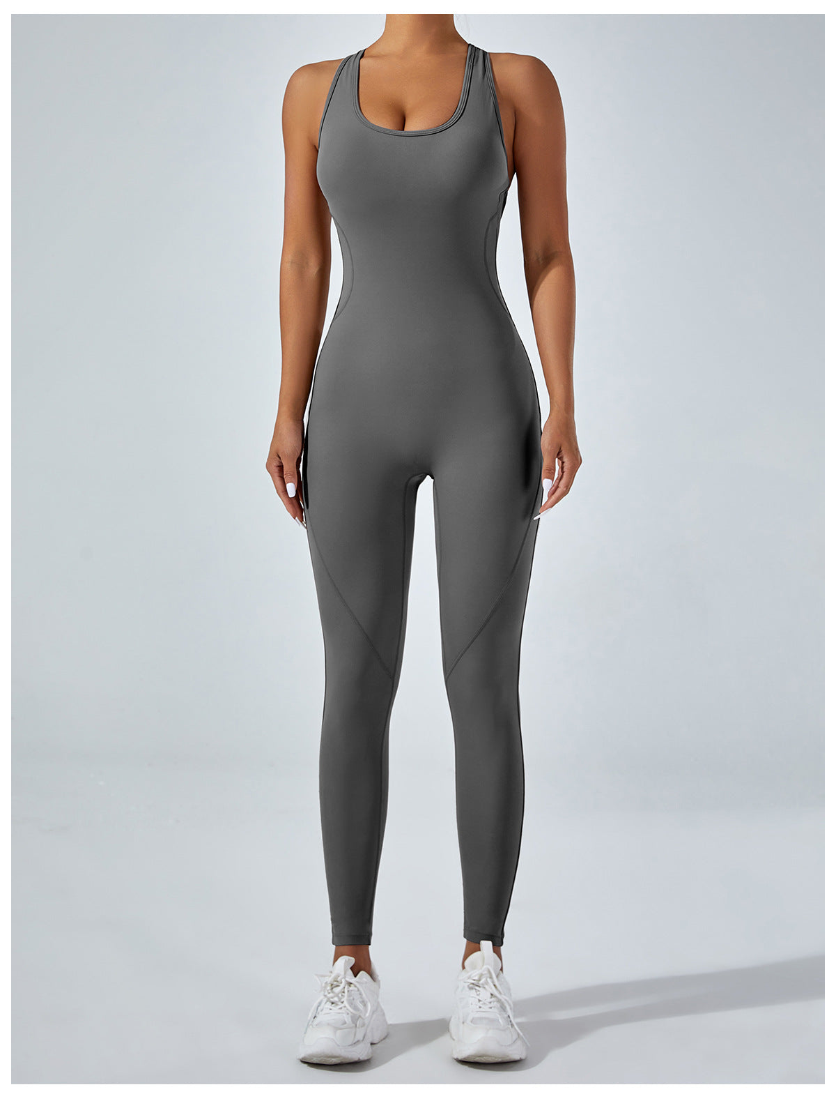Sleek gray langry yoga one-piece jumpsuit with racerback design