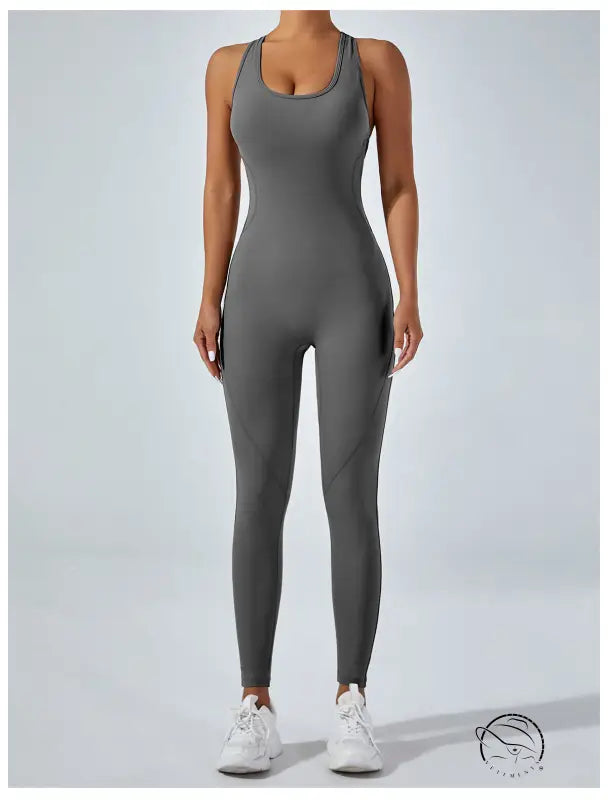 Sleek gray langry yoga one-piece jumpsuit with racerback fashion design