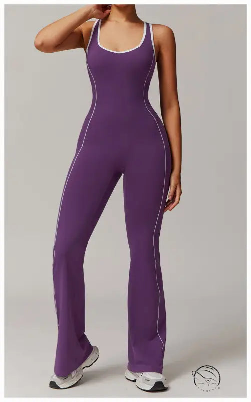 Purple yoga jumpsuit with white trim, hip-lifting pleated design by Langry fashion