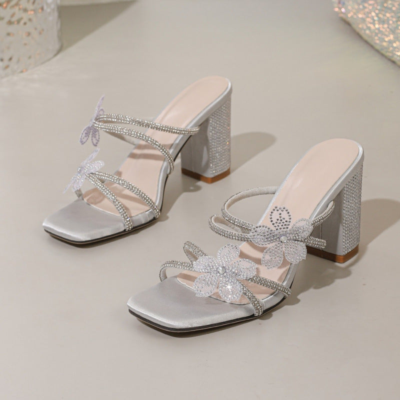 Langry fashion silver glittery butterfly rhinestone high-heeled sandals with floral bow details