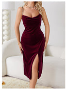 Deep burgundy velvet langry slip dress with spaghetti straps and high slit