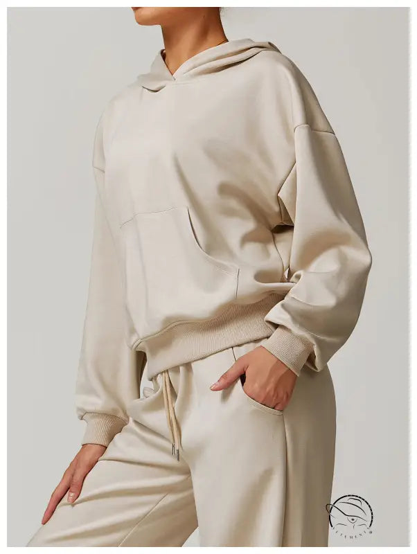 Langry beige hoodie and sweatpants set in fashionable loose all match coat