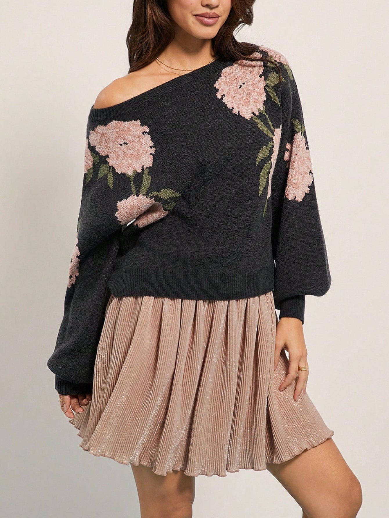 Langry black floral off-shoulder fashion sweater with pink flowers