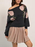 Langry black floral off-shoulder fashion sweater with pink flowers