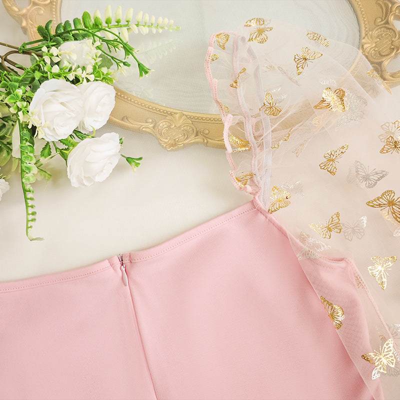 Pink dress with butterfly sleeves from Elegant Slim Fit Puff Sleeve Dress collection in fashion style