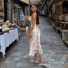 Elegant langry floral A-line maxi dress in off-white with pink green blossoms