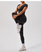 Langry black v-neck yoga bodysuit for fitness training