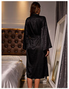 Elegant black satin long sleeve nightgown with floral pattern