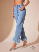 Light wash blue denim jeans with furry stitching straight cuffs