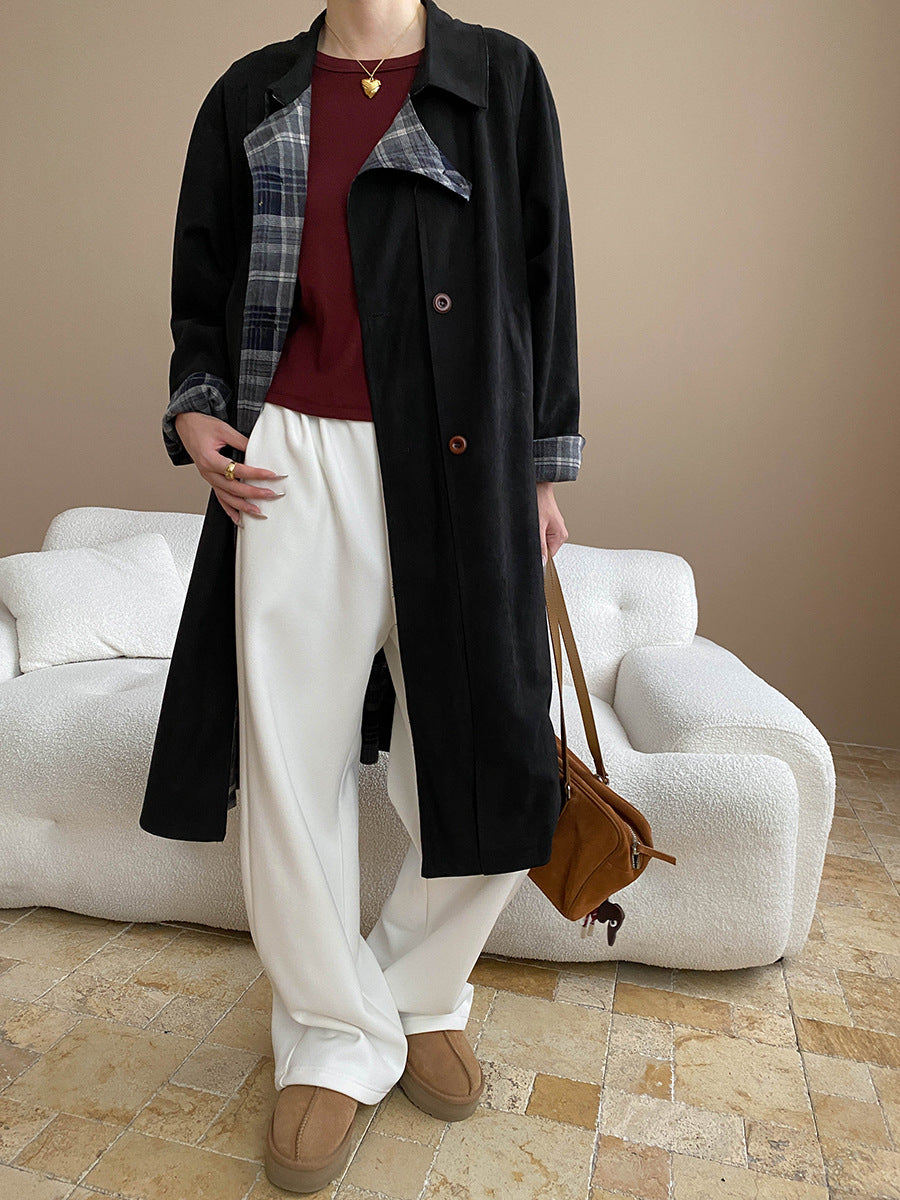Faux Double Sided Wear Retro Plaid Stitching Coat