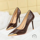 Langry metal pointed super high heel in brown snakeskin with gold accents