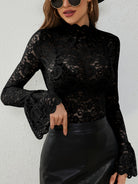 Slim fit black lace bell sleeve top with high neckline floral pattern