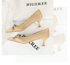 Langry fashion beige satin kitten heel pumps with snake chain detail