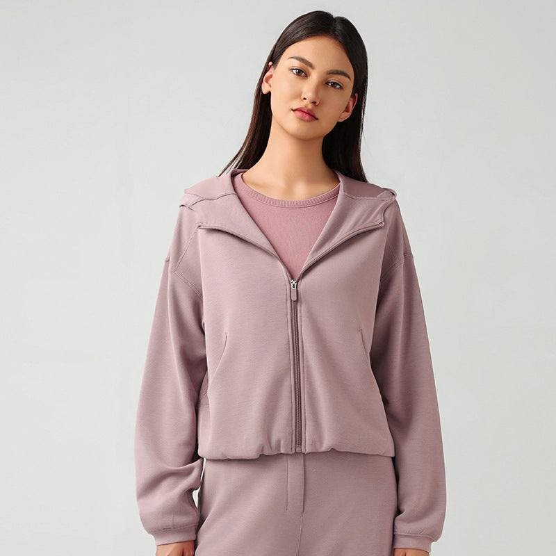 Mauve zip-up jacket from Langry, perfect for casual autumn winter fitness fashion