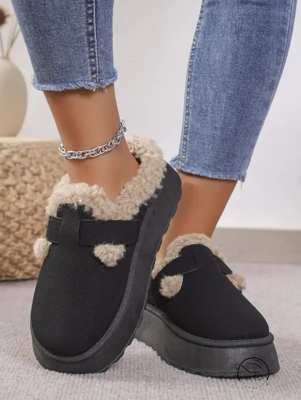 Langry fashion black platform mules with faux fur trim
