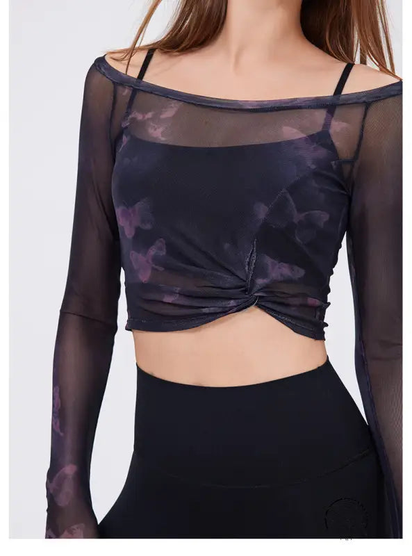 Floral Butterfly Faux Two Piece Sports t Shirt Women Long Sleeve with Chest Pad Yoga Clothes Mesh Top Quick Drying