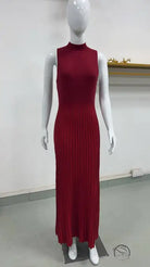 Sleeveless burgundy ribbed Enchanting Knitted maxi dress with mock turtleneck
