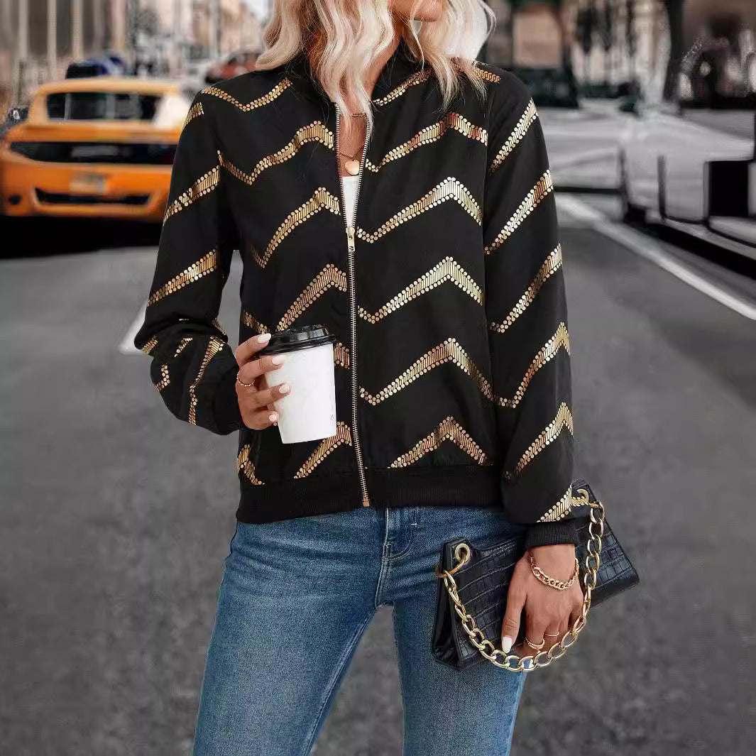 Black and gold chevron bomber jacket in Autumn Winter Women fashion by Langry