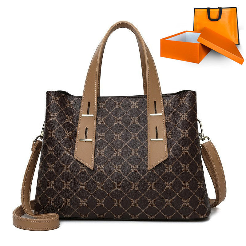 Langry fashion brown tan patterned soft leather tote bag with gold hardware and crossbody strap