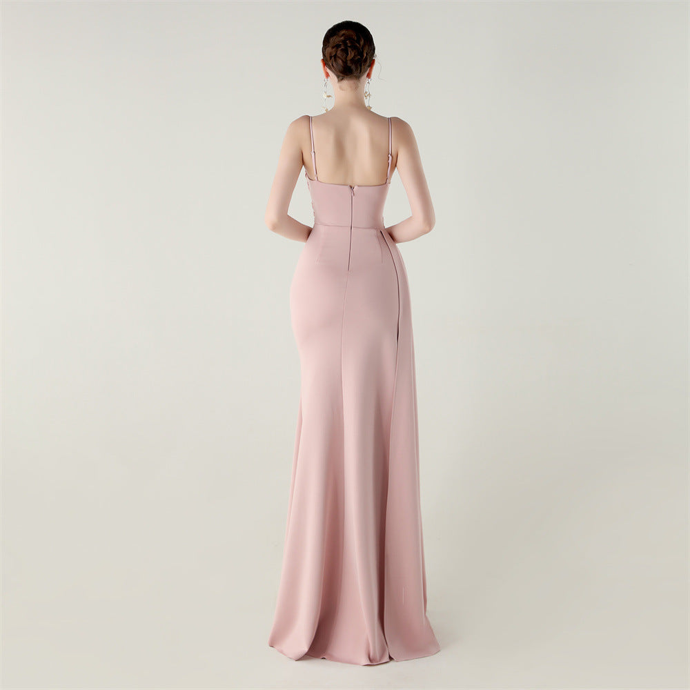 Elegant blush-pink satin langry evening dress with high slit