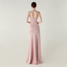 Elegant blush-pink satin langry evening dress with high slit