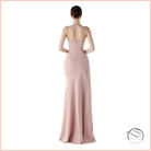 Elegant blush-pink satin langry evening dress with high slit