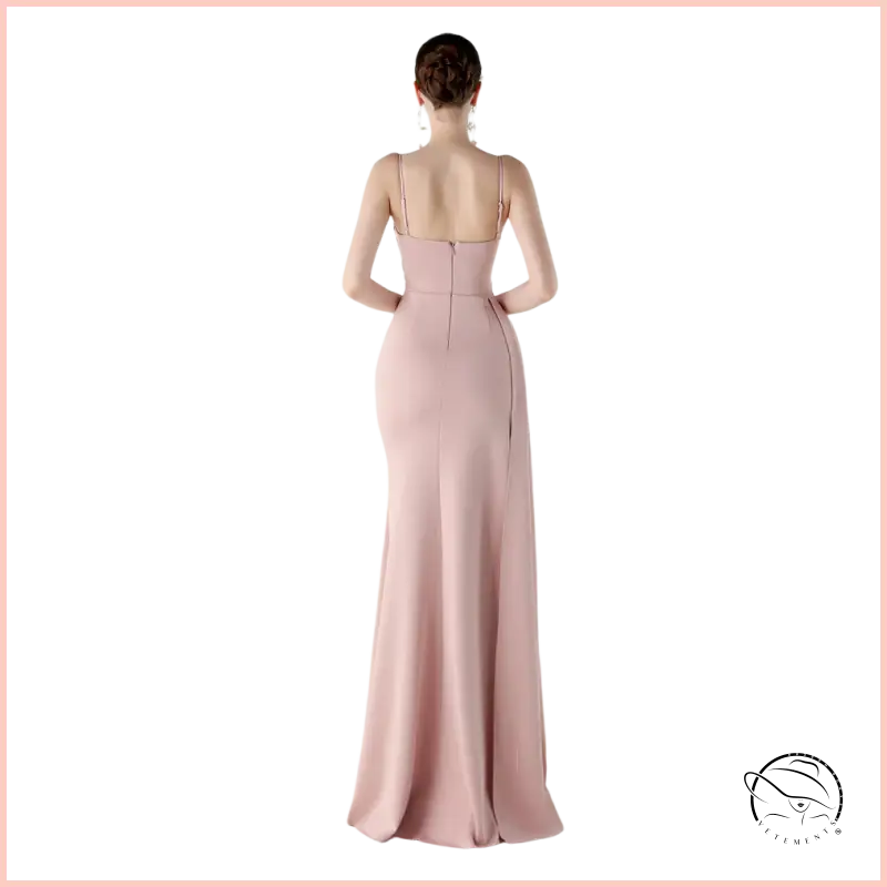Elegant blush-pink satin langry evening dress with high slit