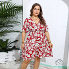 Casual V neck loose dress in red and white floral print with flutter sleeves