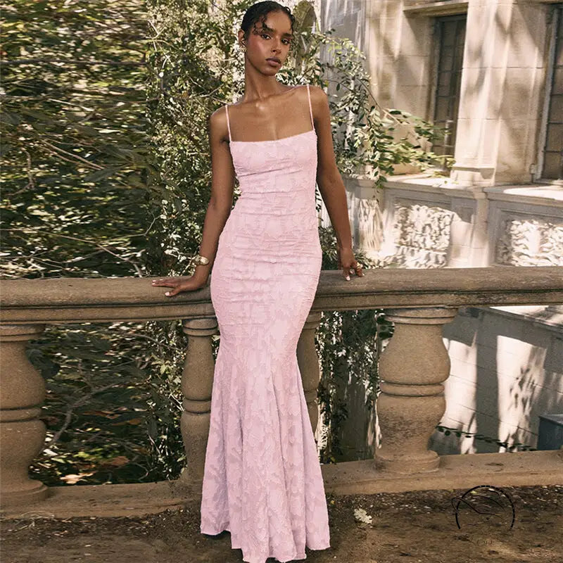 Pink floral mermaid dress in French elegant slim strap style