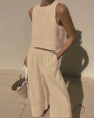 Casual loose sleeveless shirt two piece set in beige top and wide-leg pants
