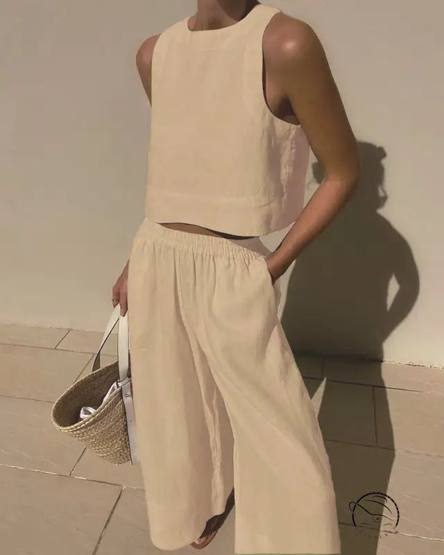 Beige linen casual loose sleeveless shirt two piece set