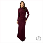 Sleek burgundy long-sleeved maxi dress with draped neckline and fitted silhouette